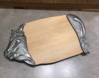 Meat Carving Board with Metal Bull Head Figure, Wood and Metal Cutting Board