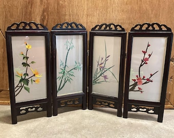 Vintage Double-Sided Chinese Silk Embroidery Table Screen, Hand-Stitched Floral & Bamboo 4-Panel Folding Screen, Exquisite Asian Silk Art
