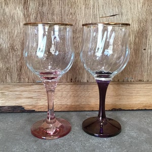 2 Italian Crystal Wine Glasses 24 Kt Gold Rimmed Multicolor Goblets, Made in Italy