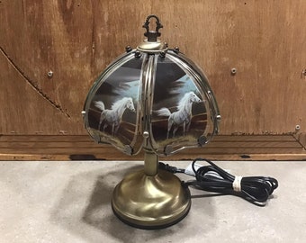Vintage Portable Lamp with Horses Panels Black Gold