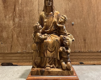 Carved Olive Wood Jesus with Children Statue, Holy Land Religious Sculpture, Christian Home Decor, Bethlehem Wood Carving