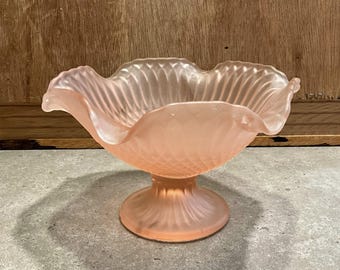 Vintage Frosted or Satin Pink Ruffled Glass Pedestal Bowl