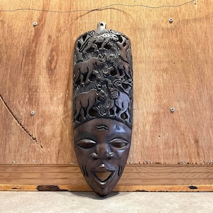 Wood Mask with African Animals. Wooden interior decor tribal Wall Hangings. Brown Mask ,Folk Art