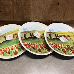 3 Pratos Ceramisia com Papoilas Vermelhas, Casa, Árvores, Fabricados na Itália