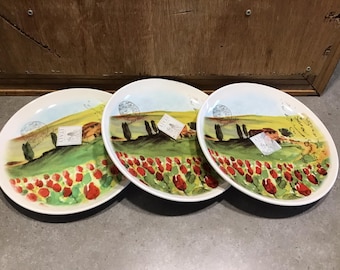 3 Ceramisia Dinner Plates with Red Poppies, House, Trees, Made in Italy