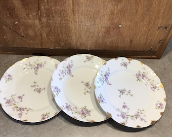 Limoges Porcelain Lunch Plates, Purple Flowers, GDA France, CH Field Haviland Limoges Plate