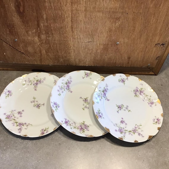 Limoges Porcelain Lunch Plates, Purple Flowers, GDA France, CH