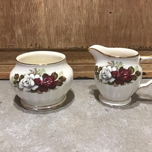 Vintage Sadler Large Rose Patterned Ivory Creamer and Sugar Bowl. Made in England