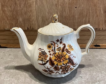 Vintage Small Sadler Teapot Ivory with Brown/Yellows Flowers, Made in England