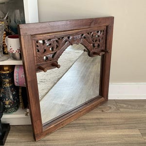 Early Vintage Wood Carved Framed Wall Mount Hallway Mirror with Four Hooks