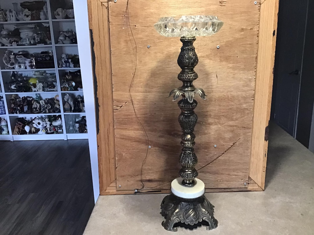 Vintage 23 Tall Pedestal Crystal Ashtray, Brass, Marble Style Base, Floor Standing Ashtray