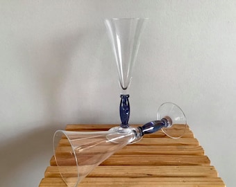 Set of 2 Crystal Champagne glasses with Blue Stem, Crystal Toasting Flutes, Champagne Flutes, Giftware, Wedding Flutes