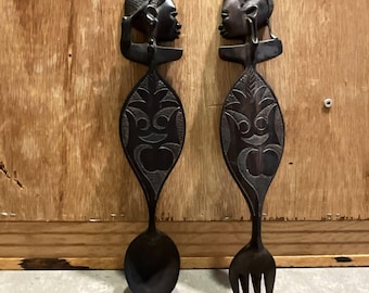 Vintage 12" African Hand-Carved Ebony Wood Salad Servers, Set of 2 Tribal Figural Spoon & Fork, Maasai Folk Art, Exotic Hardwood Kitchenware