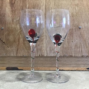 Set of 2 Pier 1 Wine Glasses with Red Green Swirl Stems Hand Blown Glass. Wine Goblets.