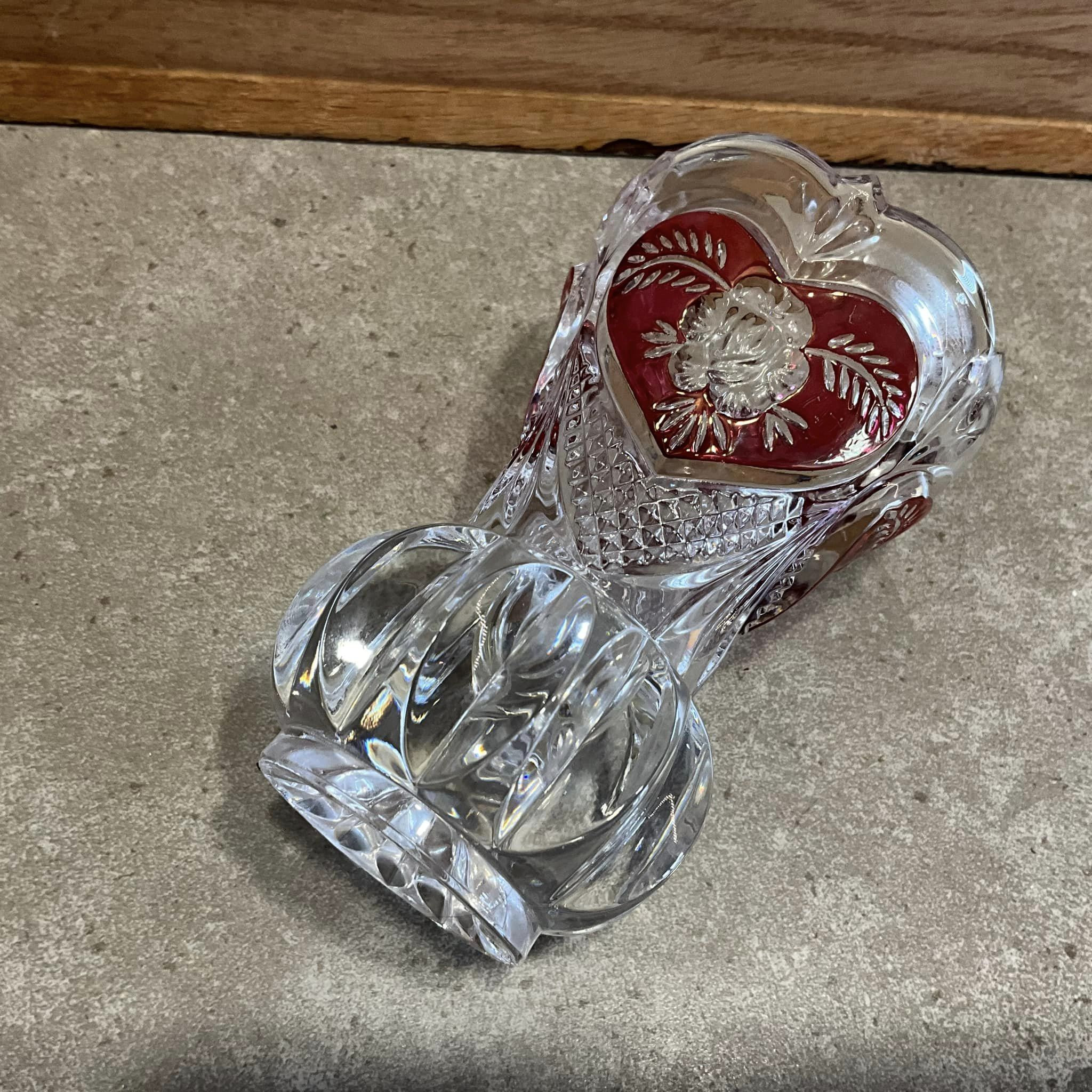 ヴィンテージカット クリア レッド ハート ローズ スモール 花瓶 3.8