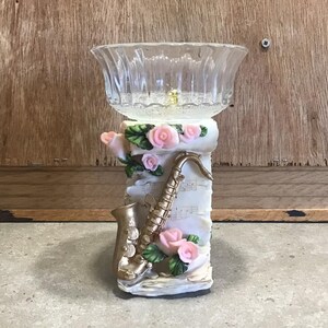 Vintage Clear glass Bowl with saxophone and Flowers on Base 6.7” tall
