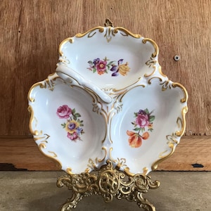 Exquisite Vintage Jlmenau Von Henneberg Porzellan, Germany porcelain Platter/ 3 section Tray with handle, gold embossed bowl or Trinket Dish