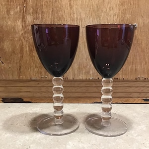 2 Amethyst Goblets Wine Glasses with Clear 5 Bubble Stem, Stemware, Home Modern Decor, Glassware, Gift Idea