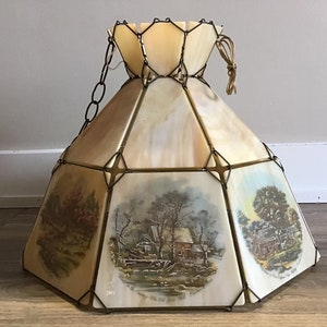 Vintage Slag Glass Scenic Chandelier Ceiling Lamp 8 beauty features caramel slag glass panels with scenes houses and trees, metal framework