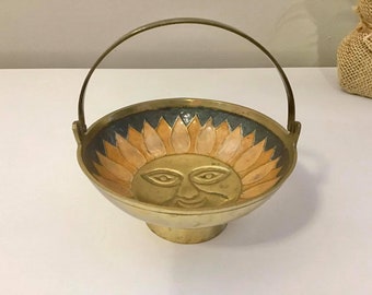 Vintage Sun Face Brass bowl with handle, Perfect catch all for keys and pocket change or to hold jewellery, India Brass Sun Handled Dish