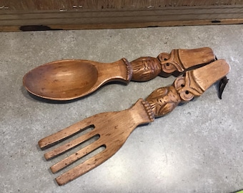 巨大な木製フォークとスプーンの壁飾り：ポリネシア彫刻カトラリー（20