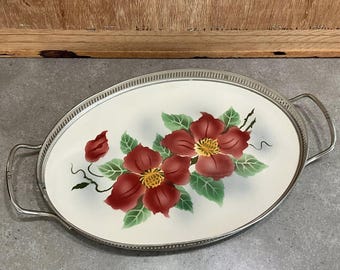 German Art Deco Porcelain Tray – Red Floral Serving Platter with Handles