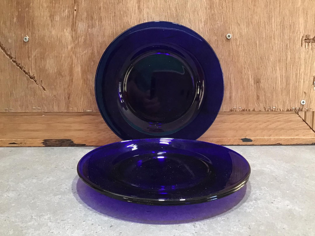 3 Vintage Cobalt Blue Glass Salad Plates 8 Lunch Plate Etsy