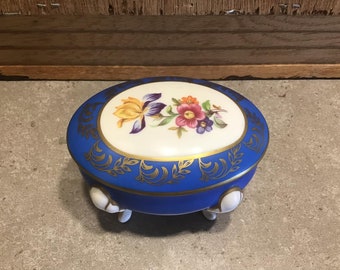 ヴィンテージ花柄磁器小物入れ：青いジュエリーリングボックス