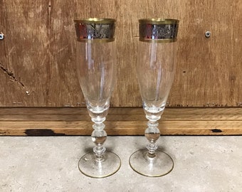 Vintage Bohemia Crystal Claudia Gold and Silver Rim Champagne Flutes, Set of 2