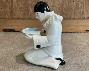 ヴィンテージピエロピエロの置物、陶器のピエロ像、座ったピエロの置物