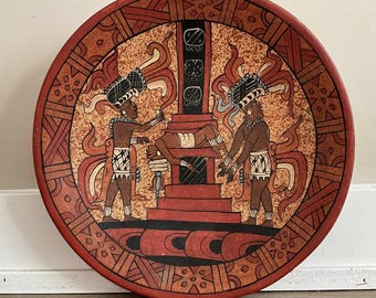 Vintage Aztec Clay Handmade Mexican Tribal/Native Art Decor Plate Collectible