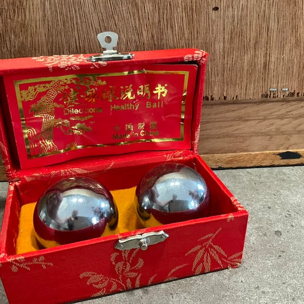 Vintage Silver Tone Chinese Baoding Stress Balls, Vintage Chiming Harmony Ball's, Baoding Balls, Chinese Health Balls with Box