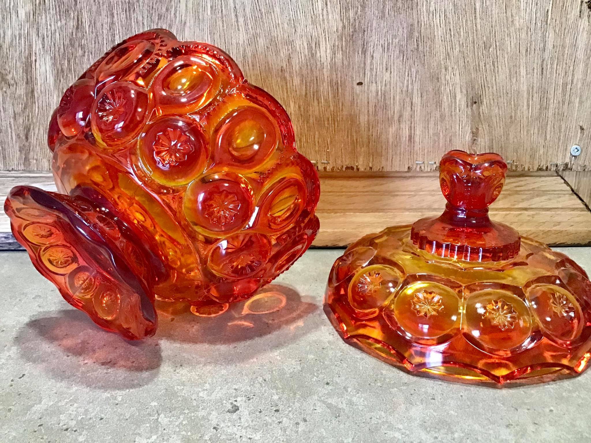 L.E. Smith Vintage Orange Yellow Glass Candy Dish With Lid Etsy