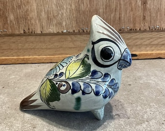 Vintage Tonala Mexico Pottery Bird: Hand-Painted Mexican Folk Art Decor Signed
