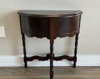 Vintage Half Moon Wood Side Table: Entry Hall Accent Table