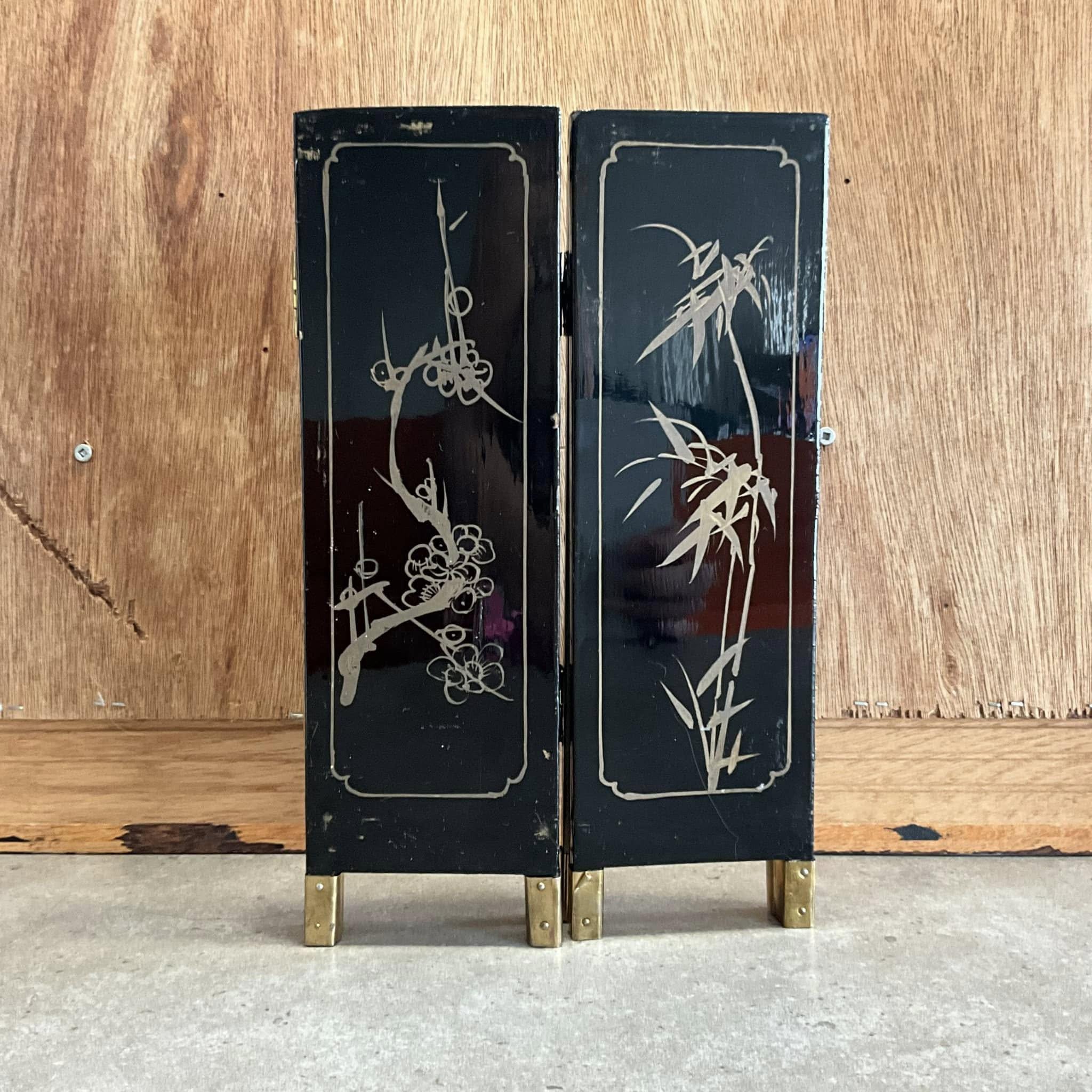 Japanese Black Lacquer Mother of Pearl Folding Screen - 4 Panel