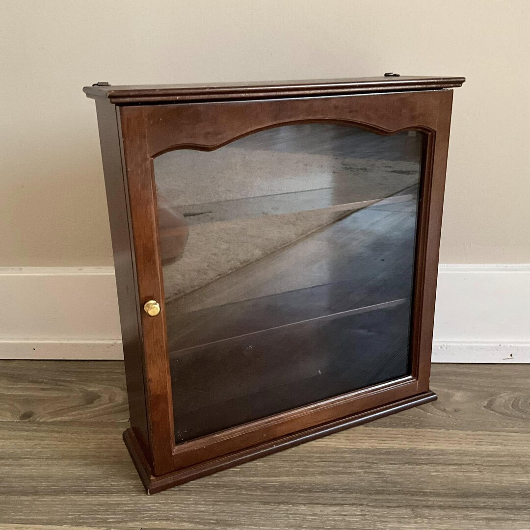 Curated visual reference: Picture Idea: Vintage Wood Display Cabinet With Door 3 Shelf Hanging Curio