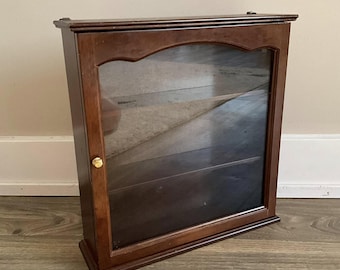 Vintage Wood Display Cabinet with Door: 3-Shelf Hanging Curio Shadow Box