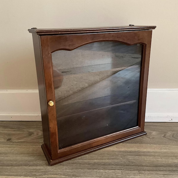 Vintage Wood Display Cabinet with Door: 3-Shelf Hanging Curio Shadow Box