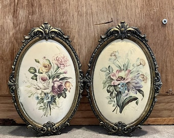 2 obras de arte vintage italianas con marco floral y acolchado de seda para colgar en la pared