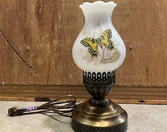 Vintage Hurricane Lamp Milk Glass with Yellow Butterfly and Wildflowers, Ornate Brass Base Electric Parlor Lamp, Cottagecore Bedside Decor