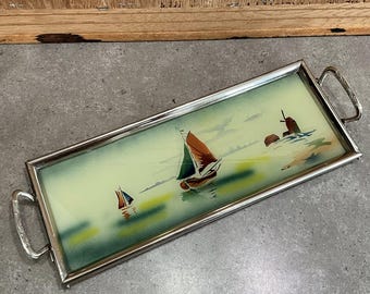 Art Deco Reverse Painted Glass Tray – Nautical Sailboat Windmill, Chrome Handles – 1930s Vanity Tray