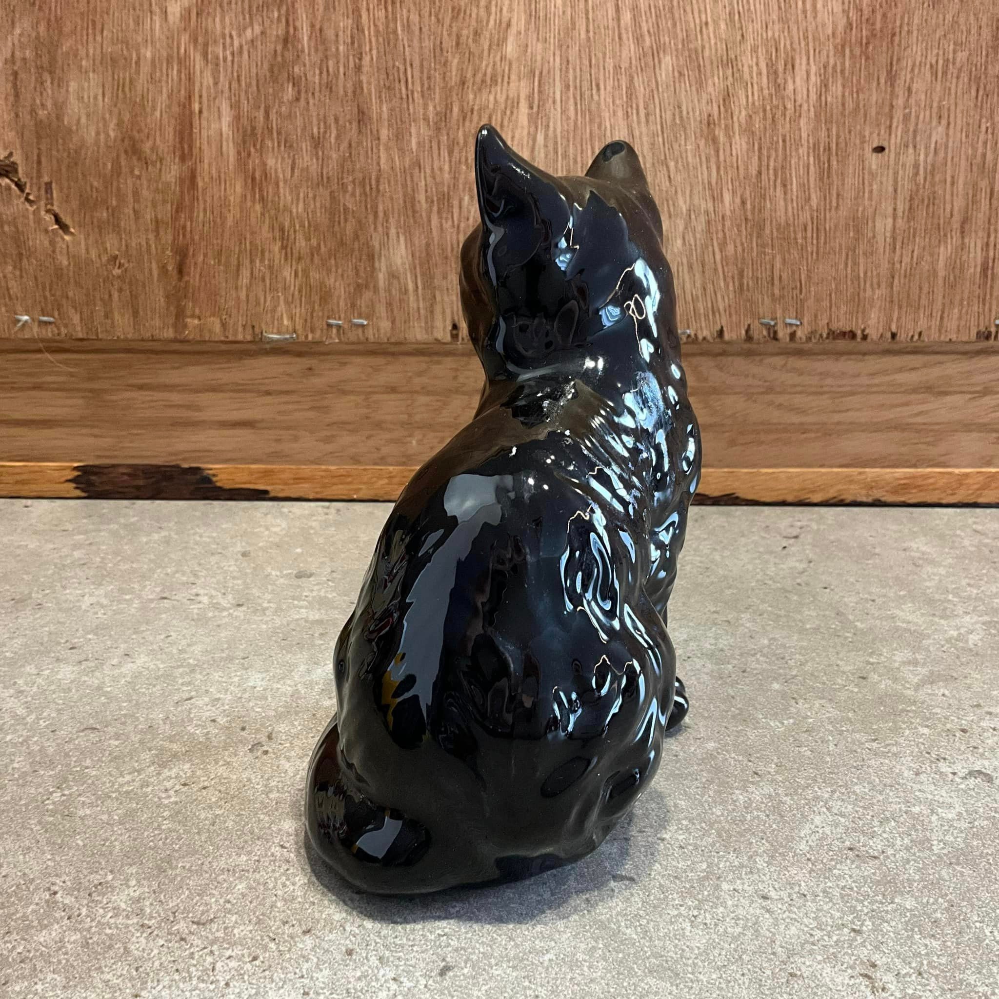 Vintage Ceramic Black Cat Figurine: Green Eyes, 5.5 Inch Kitty