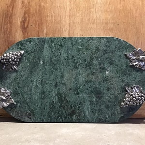 Vintage Green Marble Style Serving Tray: Silver Plate Grape Vine Handles