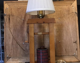 Vintage Wooden Lamp with Shade, Rustic Wood Table Light Retro Decor Lighting Bohemian Boho