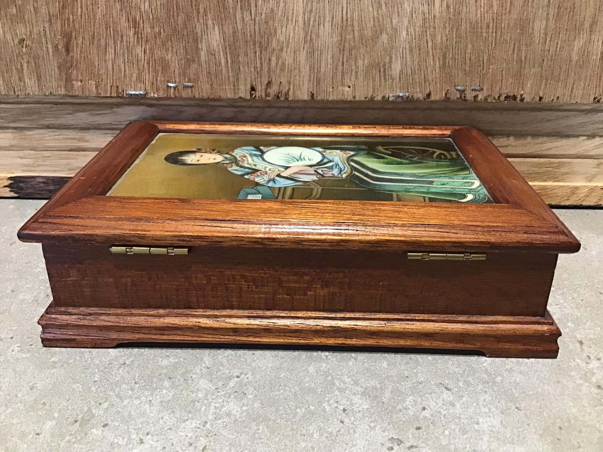 Vintage Wooden Jewelry Box With Woman Picture Top, 7.5