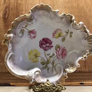 Plato antiguo de Dresde, plato de flores, tazón de nueces antiguo, tazón de tocador antiguo, plato de tocador, plato de tocador con adornos dorados, plato vintage de Alemania