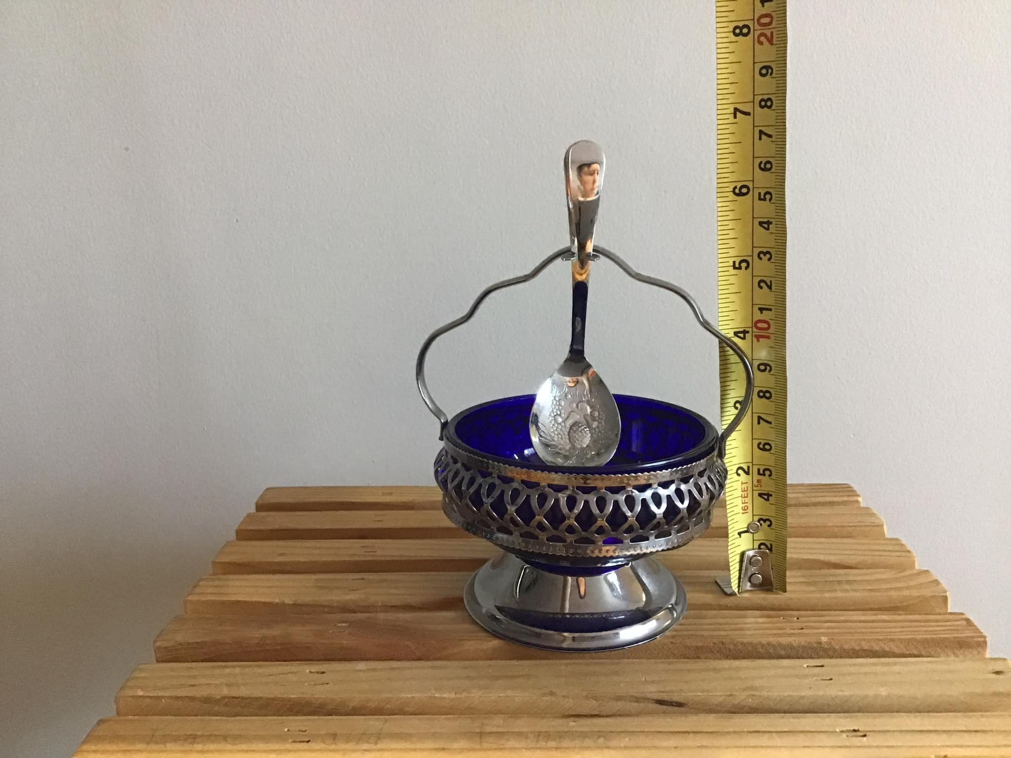 Sucrier vintage verre bleu cobalt et métal – Made