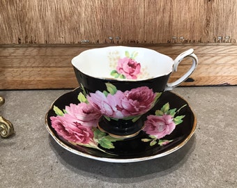 Vintage Royal Albert American Beauty nero con grande tazza da tè e piattino rosa rosa, tazza da tè Royal Albert e piattino con motivo a rose in porcellana