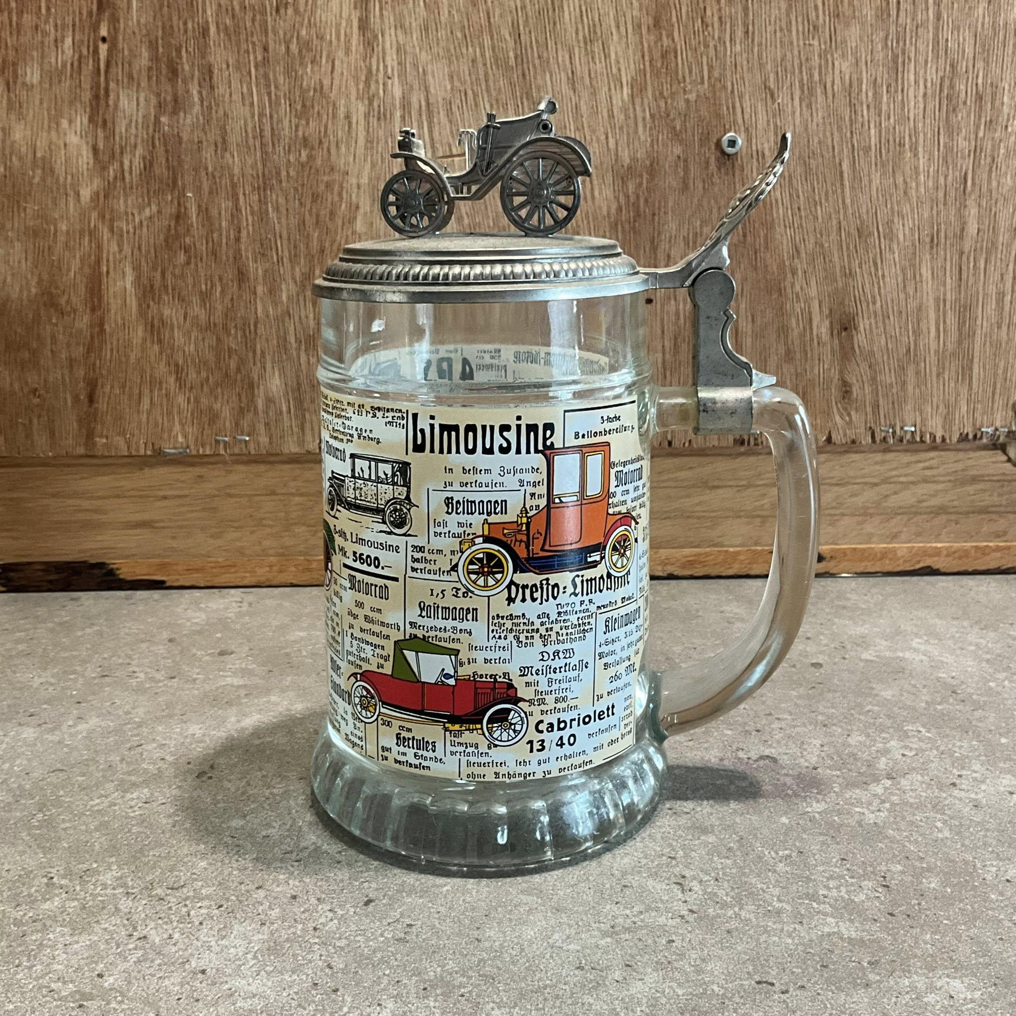 ヴィンテージドイツ製ガラス蓋付きビールジョッキ（古い車付き